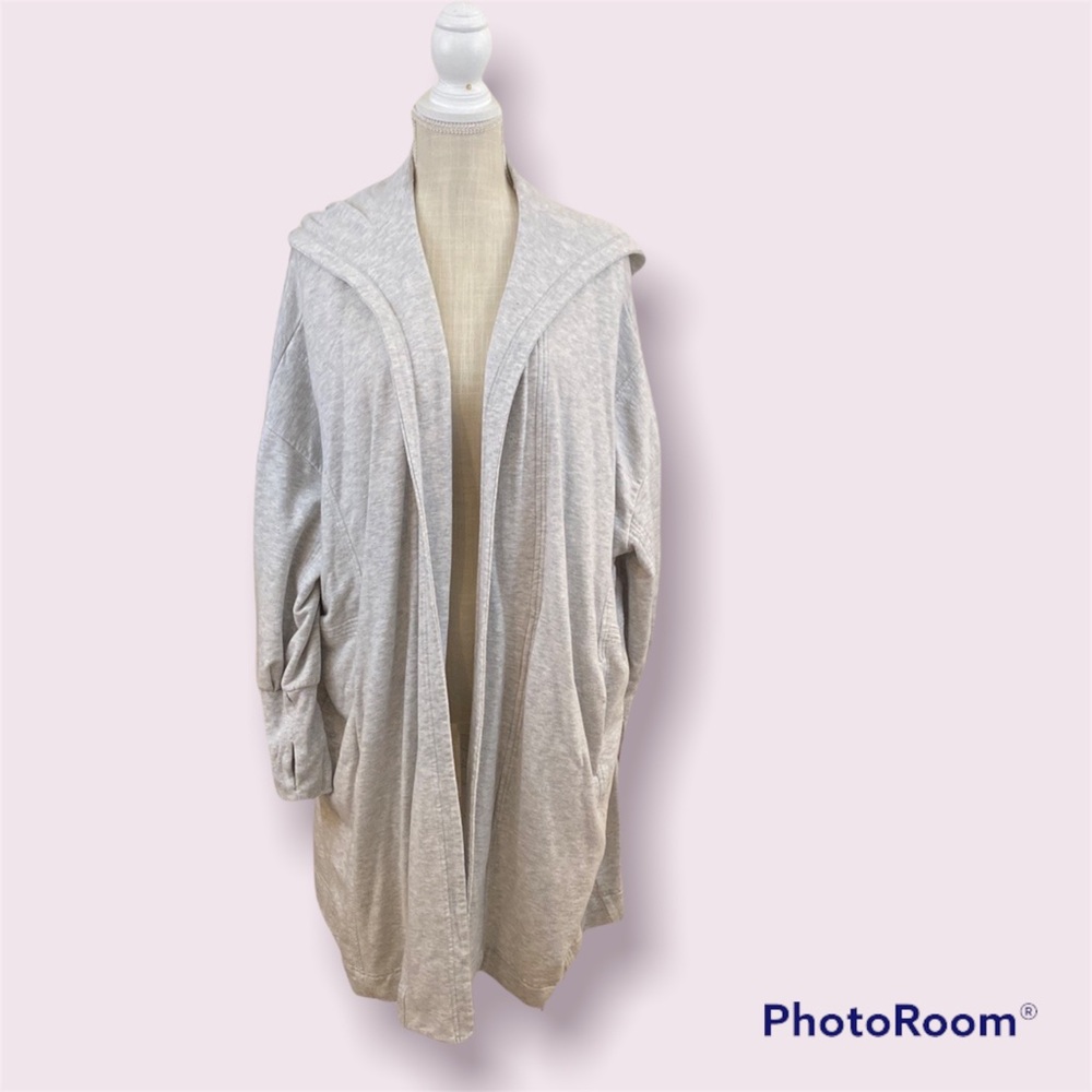 Athleta Hooded Wrap Cardigan Heather Gray Pockets Thumbholes